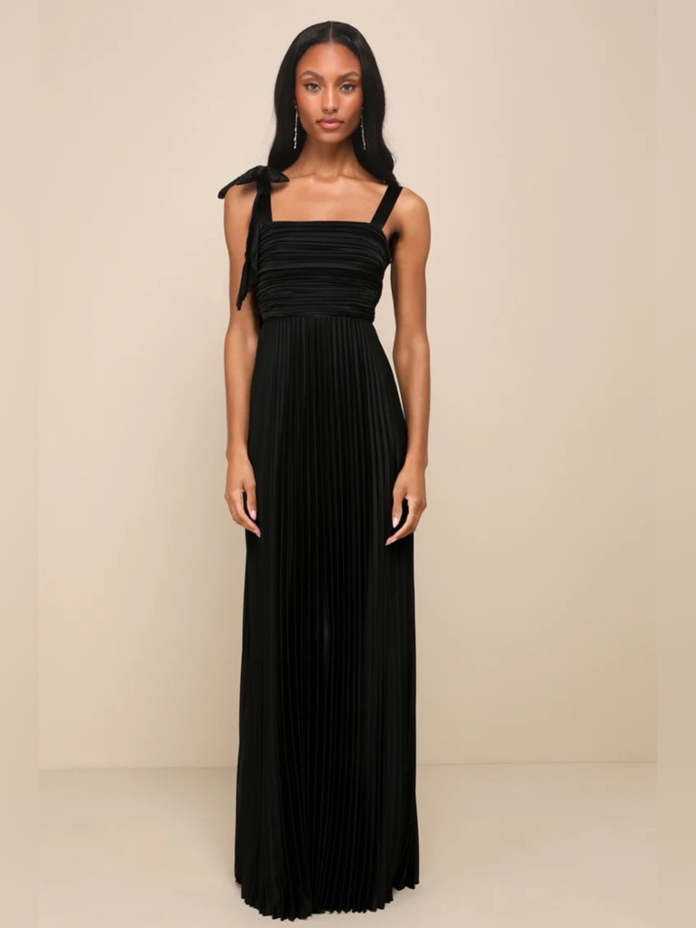 Lulu's Black Pleated Maxi Dress with Shoulder Tie
